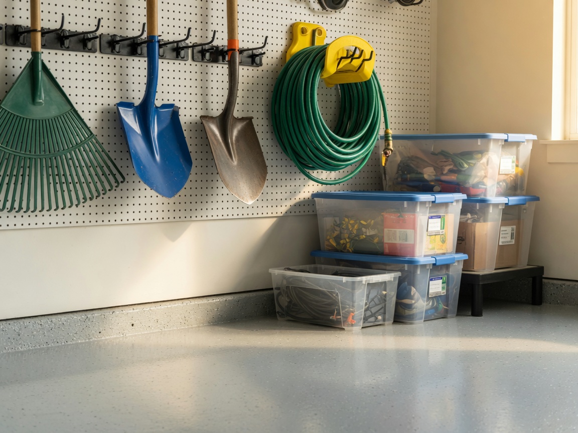 Organized garage tools and storage bins after a garage transformation near Dayton and Cincinnati