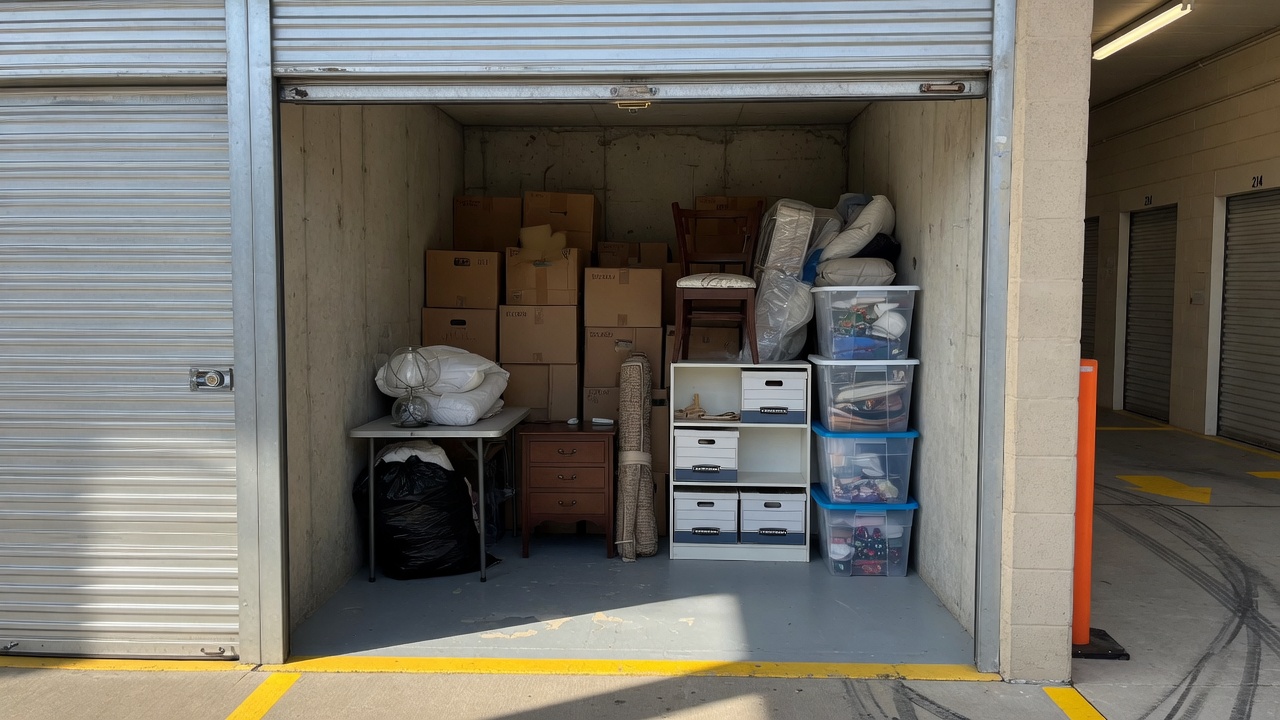 Storage unit cleanout in Cincinnati area - open unit packed with boxes bins and furniture
